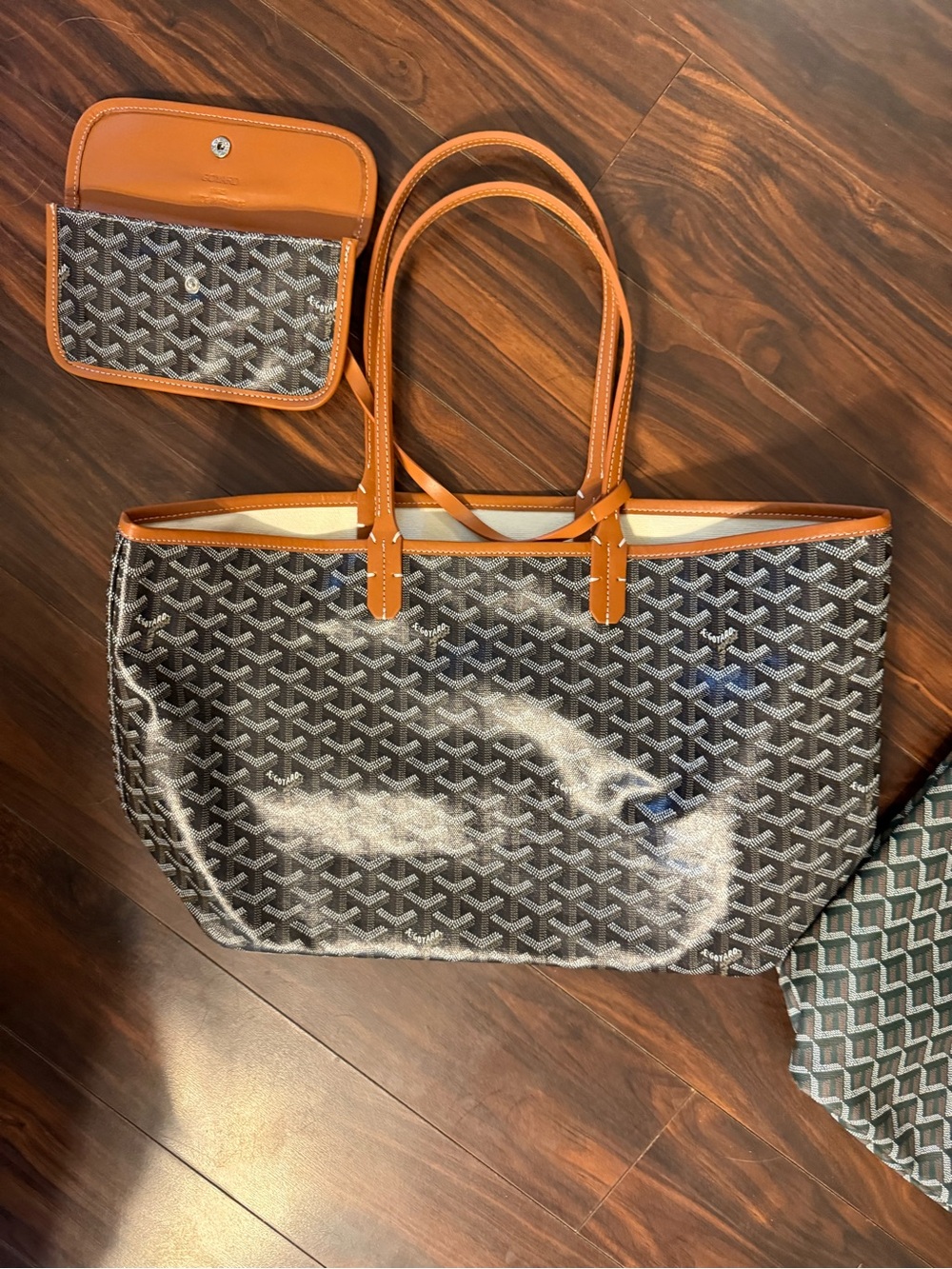 Set of two Luxury Brown Trim Canvas Tote Bag with Matching Pouch & green tote